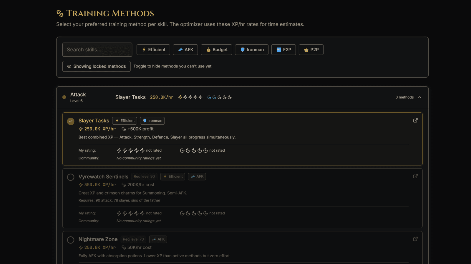 RuneComp training methods with community ratings