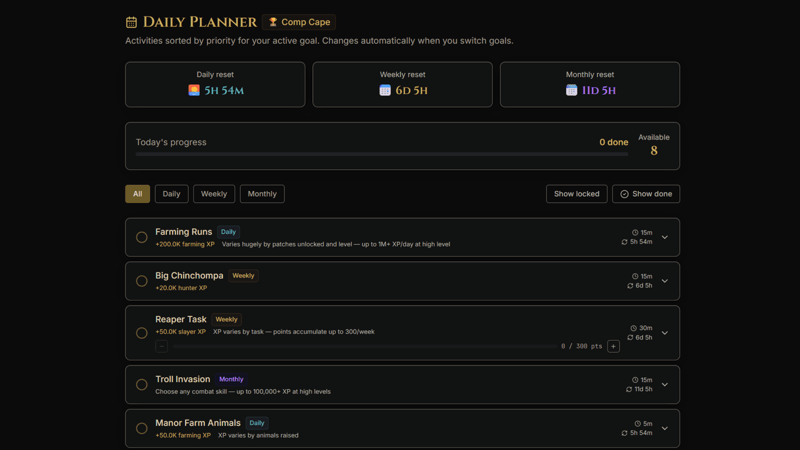 RuneComp daily planner with reset timers